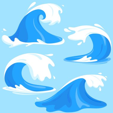 Deniz ya da okyanus dalgaları. Mavi okyanus su dalgaları beyaz köpükle toplanıyor. Su sıçrama tsunami seti. Vektör illüstrasyonu