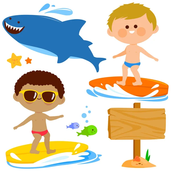 Boys Surfing Sea Vector Illustration Collection — Stock Vector