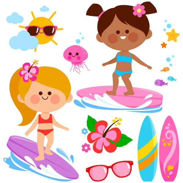 Girls Surfing Sea Vector Illustration Collection — Stock Vector