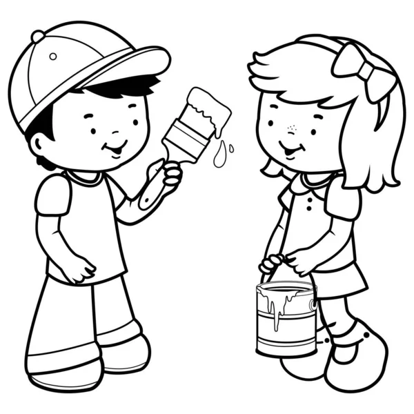 Niños Pintando Con Pincel Vector Blanco Negro Para Colorear Página — Vector de stock