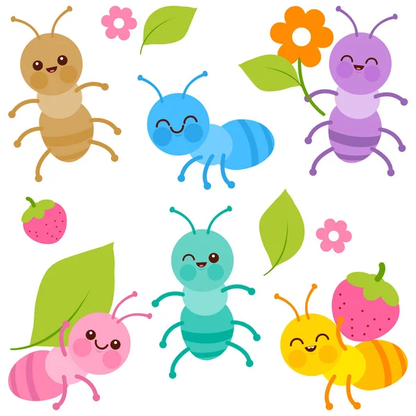 Lindos Insectos Coloridos Hormigas Bebé Ilustración Vectorial — Vector de stock