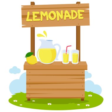 Limonata standı, sürahi ve bardakta taze limon suyu. Vektör illüstrasyonu