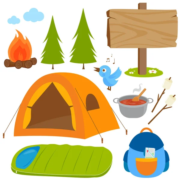 Collection Objets Équipements Camping Jeu Illustrations Vectorielles — Image vectorielle