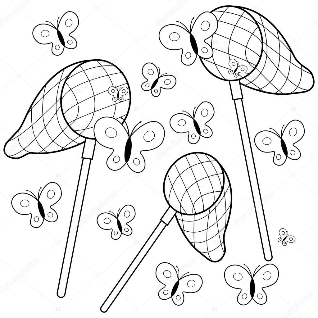 Butterfly nets catching butterflies. Vector black and white coloring page