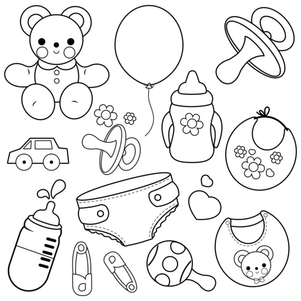 Baby Meisje Baby Jongen Accessoires Vector Zwart Wit Kleurplaat — Stockvector