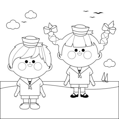 Sahilde bir kız ve bir oğlan deniz kenarında denizci kıyafeti giymiş. Denizci kılığına girmiş şirin denizci çocuk kaptanlar. Vektör siyah ve beyaz renk sayfası