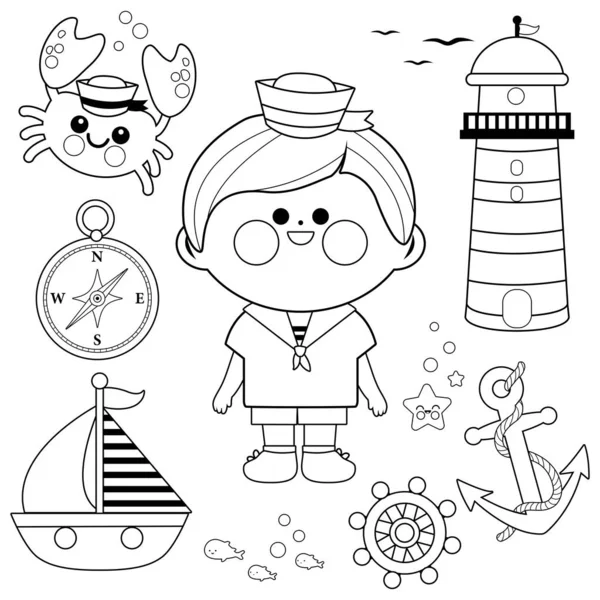 Denizci Çocuk Denizcilik Çizimi Seti Vektör Siyah Beyaz Renk Sayfası — Stok Vektör