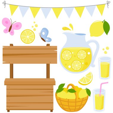 Limonata standı, sürahi ve bardakta taze limon suyu. Vektör illüstrasyon koleksiyonu