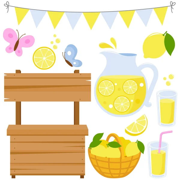 Limonadenständer Und Frischer Zitronensaft Kannen Und Gläsern Vektorillustrationen — Stockvektor