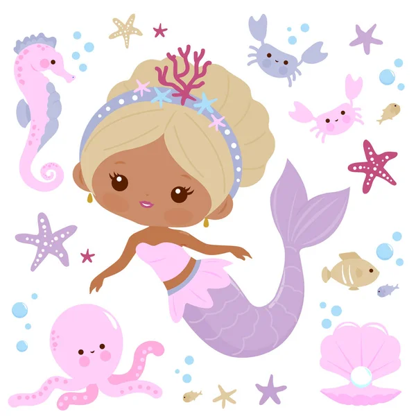 Hermosa Sirena Animales Marinos Ilustración Vectorial — Vector de stock