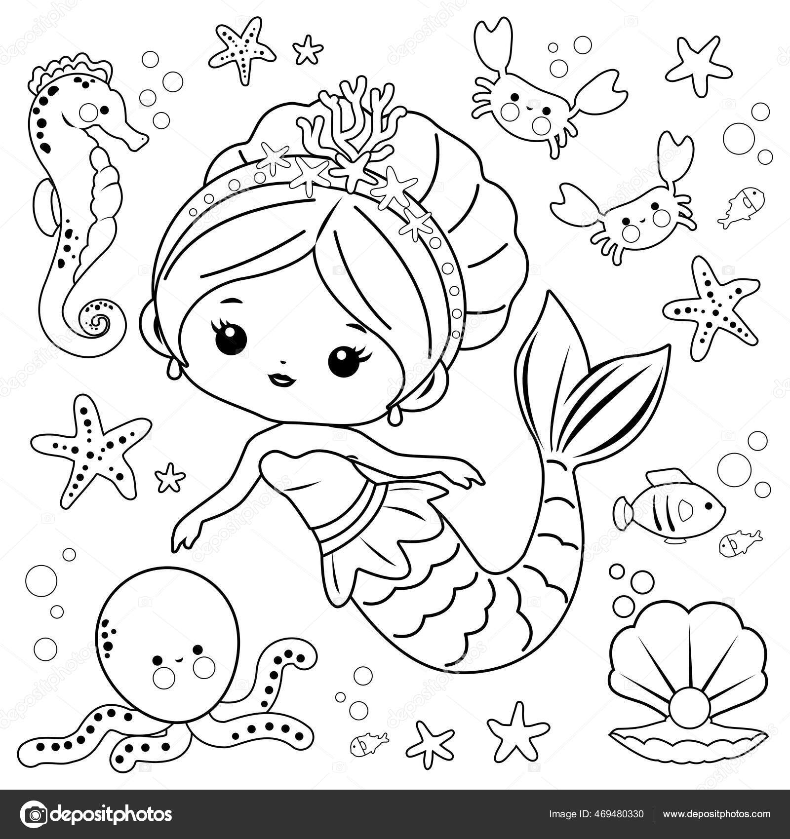 Beautiful Mermaid Sea Animals Vector Black White Coloring Page Stock ...