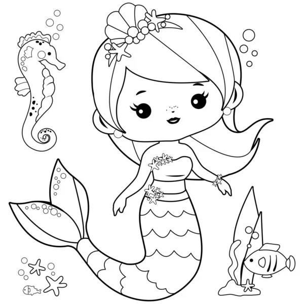 Beautiful Mermaid Sea Animals Vector Black White Coloring Page — Stock Vector