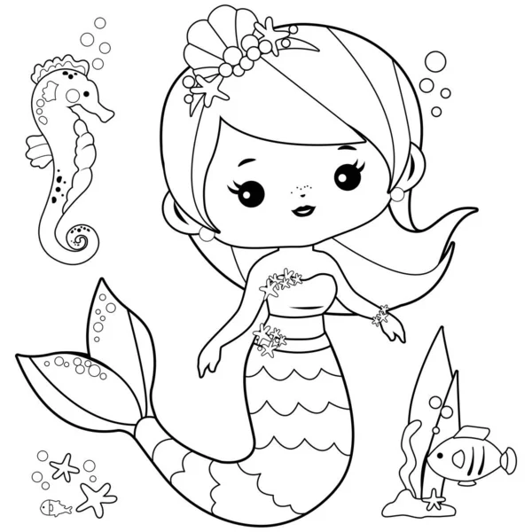 Hermosa Sirena Animales Marinos Vector Blanco Negro Para Colorear Página — Vector de stock