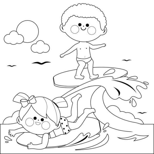 Niños Surfeando Una Ola Mar Vector Blanco Negro Para Colorear — Vector de stock