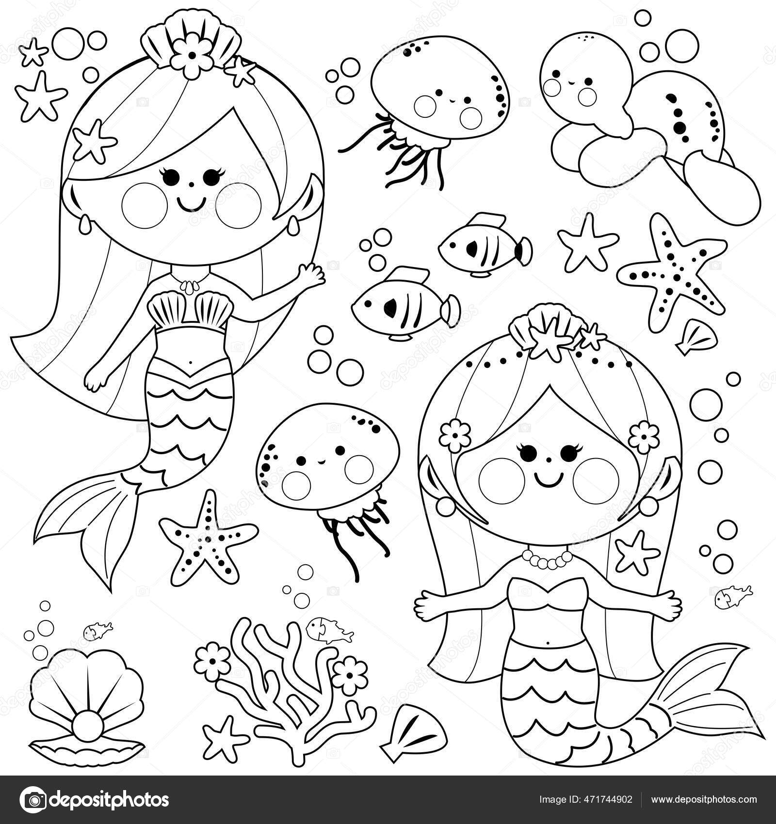 Beautiful Mermaids Sea Animals Vector Black White Coloring Page Stock ...