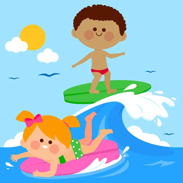 Children Surfing Wave Sea Vector Illustration — Stock Vector