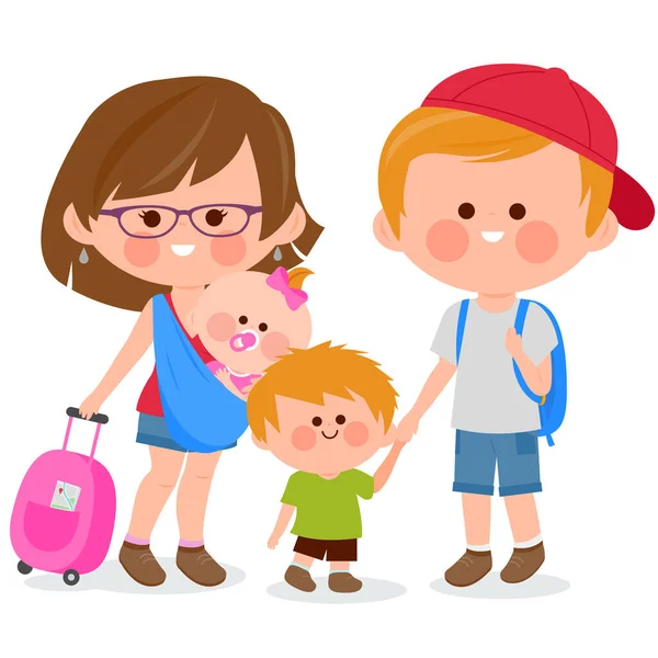 Tourist Couple Small Children Carrying Travel Bags Vector Illustration — Stock Vector