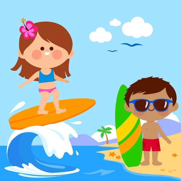 Niños Playa Surfeando Una Ola Mar Ilustración Vectorial — Vector de stock