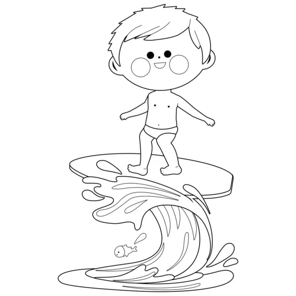 Junge Surft Auf Einer Welle Meer Vector Schwarz Weiß Malseite — Stockvektor