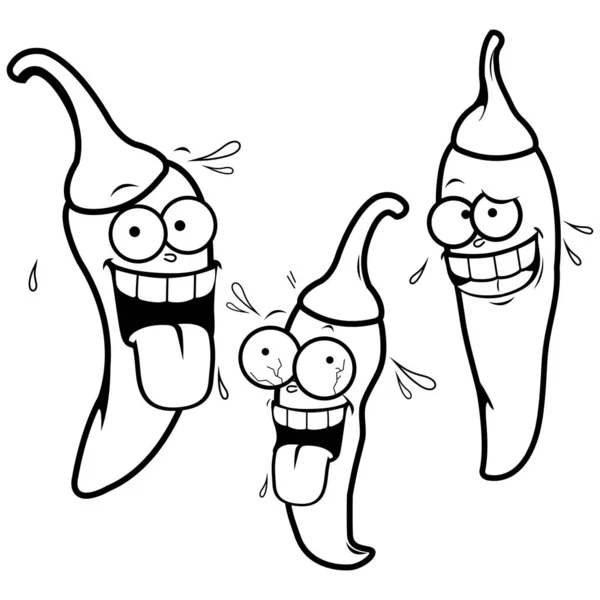Cartoon Hot Chili Peppers Vector Black White Coloring Page — Stock Vector