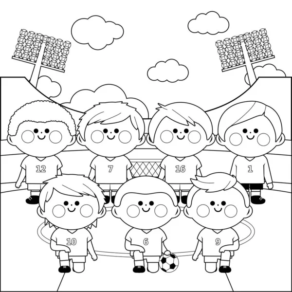 Children Soccer Player Team Stadium Vector Black White Coloring Page — Stock Vector