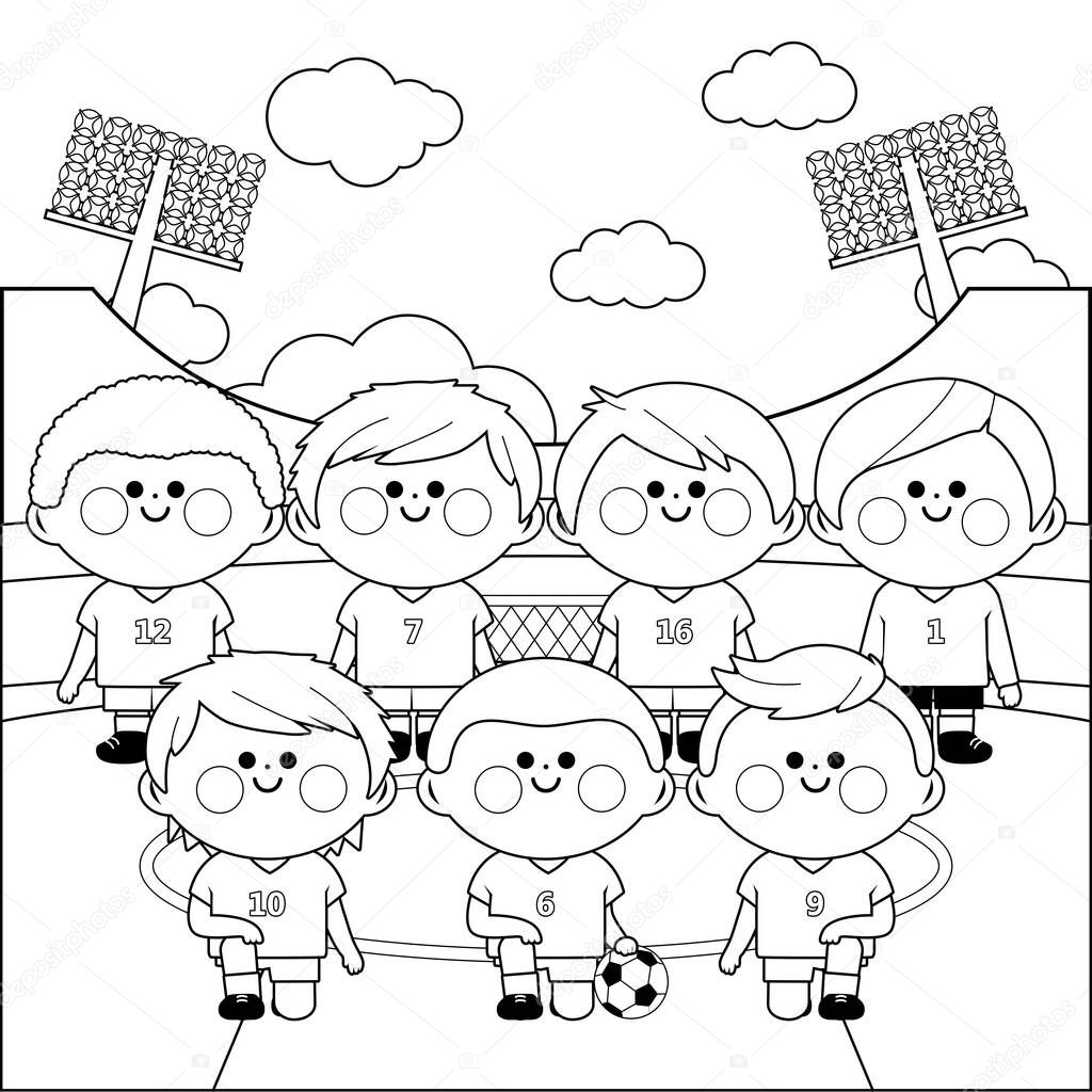 Children soccer player team in a stadium. Vector black and white coloring page