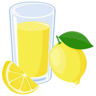 Soğuk bir bardak limonata ve dilimlenmiş limon meyvesi. Sağlıklı limon suyu, taze sıkılmış sarı limonlardan taze vitamin içeceği. Vektör illüstrasyonu