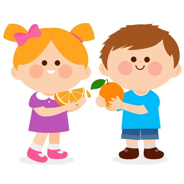 Дети Едят Апельсины Векторная Иллюстрация — стоковый вектор