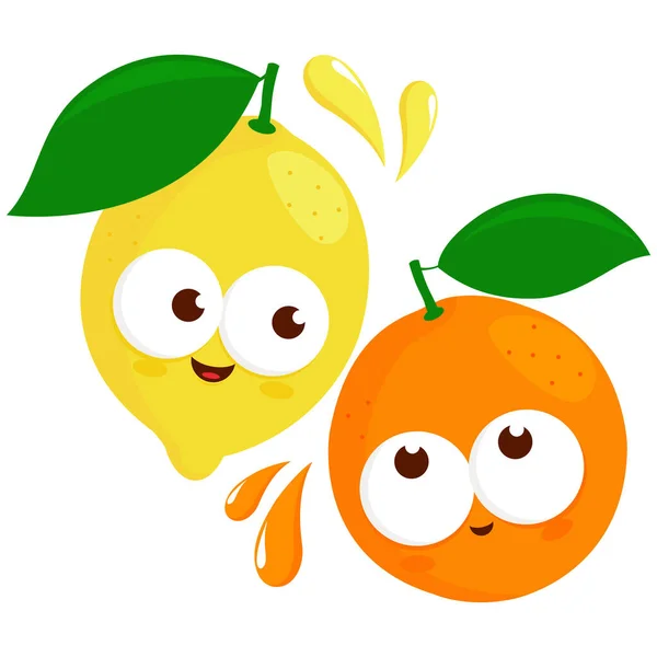 Lindos Personajes Dibujos Animados Frutas Limón Naranja Ilustración Vectorial — Vector de stock