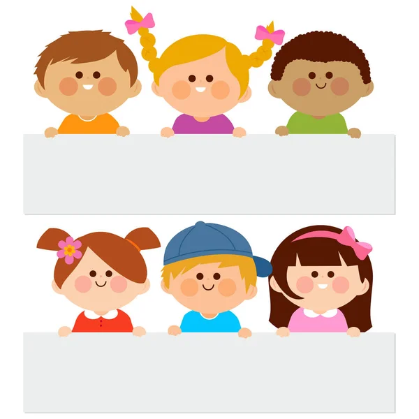 Grupo Feliz Crianças Segurando Sinais Branco Ilustração Vetorial — Vetor de Stock
