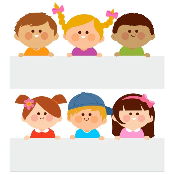 Feliz Grupo Niños Sosteniendo Carteles Blanco Ilustración Vectorial — Archivo Imágenes Vectoriales