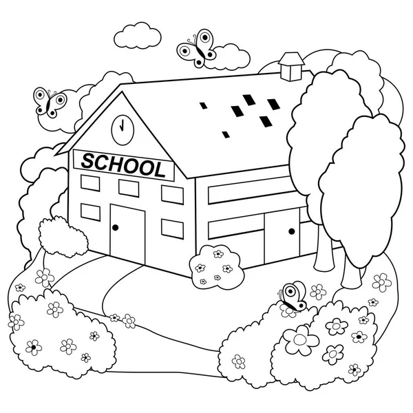 School Building Vector Black White Coloring Page — Stock Vector