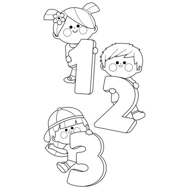 Children holding cartoon numbers. Vector black and white coloring page