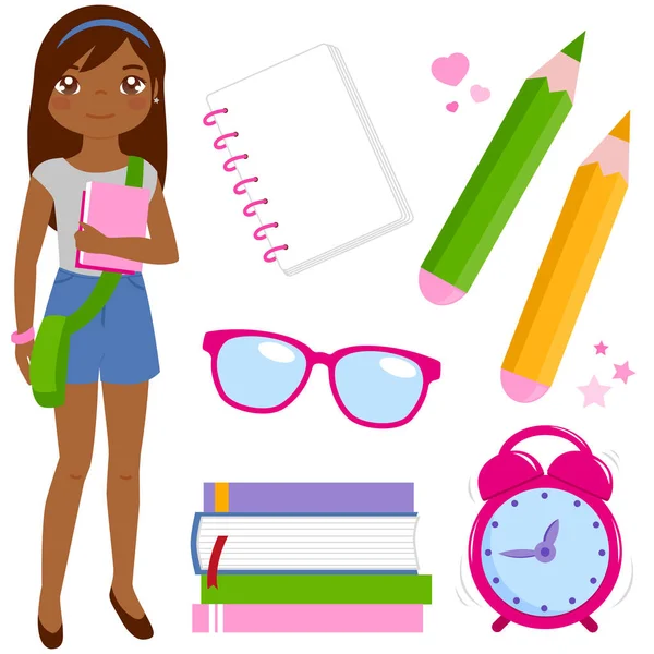 Student Girl Set School Objects Vector Illustration — Stock Vector