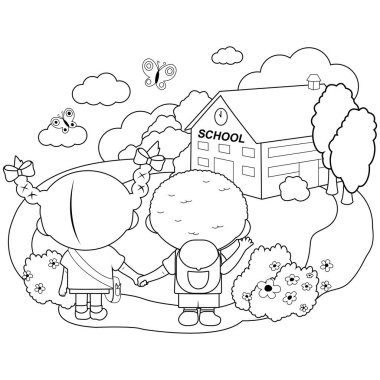 Okuldaki ya da anaokulundaki çocuklar. Okullarının önünde el ele tutuşan bir kız ve bir erkek öğrencinin arka görüntüsü. Vektör siyah ve beyaz renk sayfası