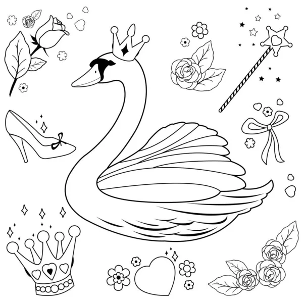Swan Putri Dongeng Ditetapkan Halaman Pewarnaan Hitam Dan Putih Vektor - Stok Vektor