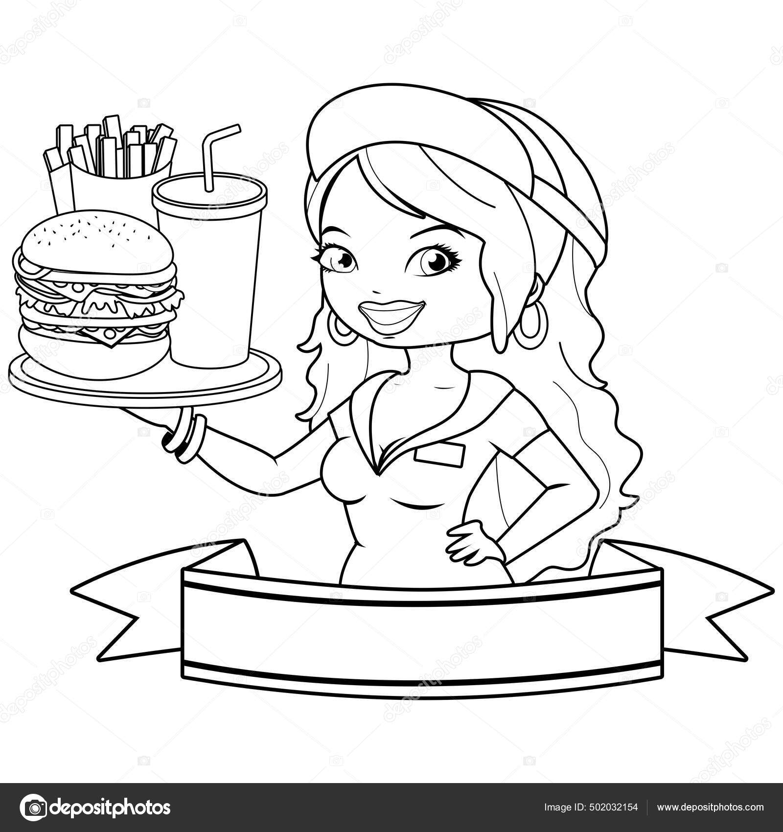 快餐横幅与服务员提供汉堡包薯条和饮料矢量黑白着色页图库矢量图©stockakia 502032154, image size:1600x1700