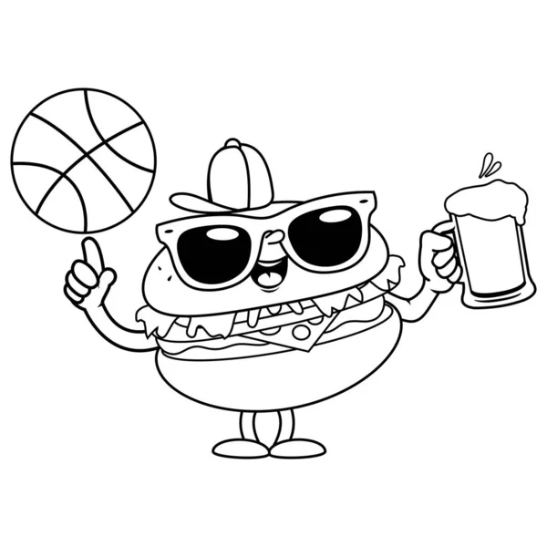 Kartun Hamburger Dengan Bola Basket Dan Bir Halaman Pewarnaan Hitam - Stok Vektor