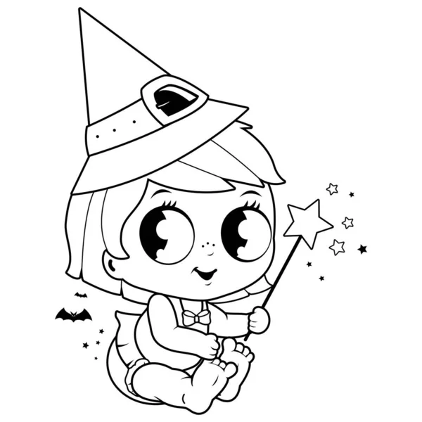 Jolie Petite Fille Costume Sorcière Halloween Coloriage Vectoriel Noir Blanc — Image vectorielle