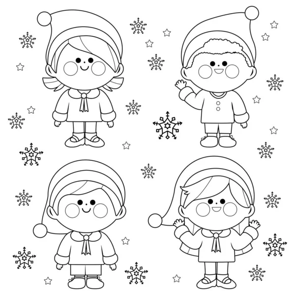 一群穿圣诞圣诞老人服装的孩子 矢量黑白着色页 — 图库矢量图片