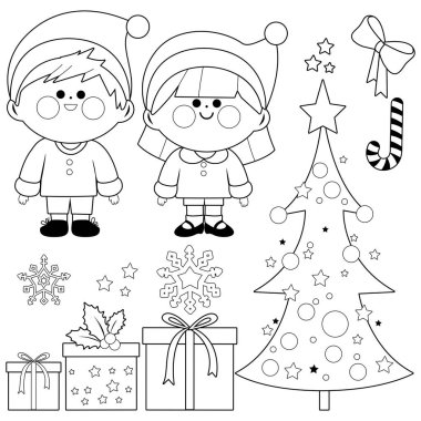 Noel Baba çocuklar için kutlama seti. Noel Baba kostümlü çocuklar, Noel ağacı ve hediyeler. Vektör siyah ve beyaz renk sayfası