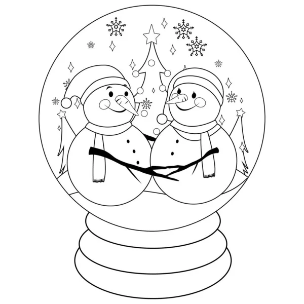Рождественская Елка Внутри Снежного Шара Векторная Черно Белая Раскраска — стоковый вектор