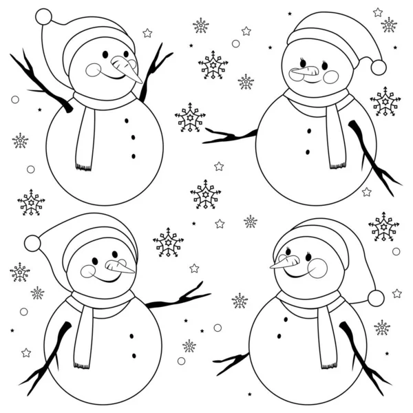 Pupazzi Neve Con Cappelli Sciarpe Natalizie Pagina Colorare Bianco Nero — Vettoriale Stock