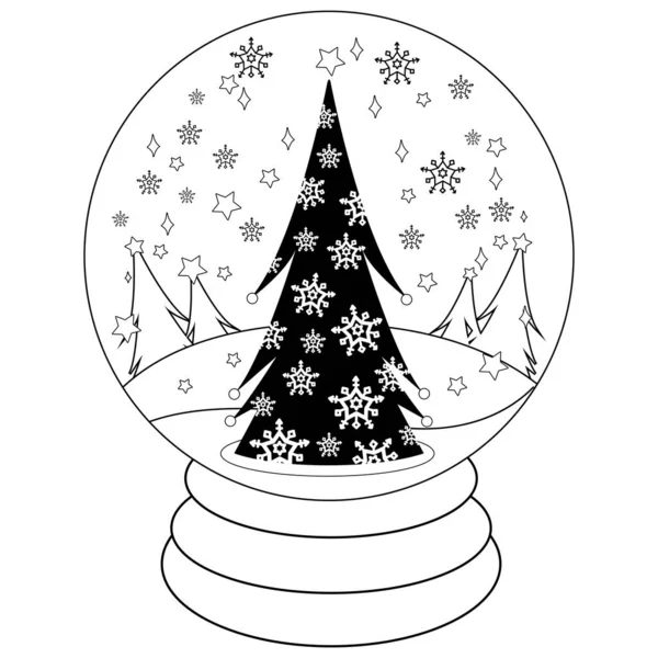 Albero Natale Dentro Una Palla Neve Pagina Colorare Bianco Nero — Vettoriale Stock