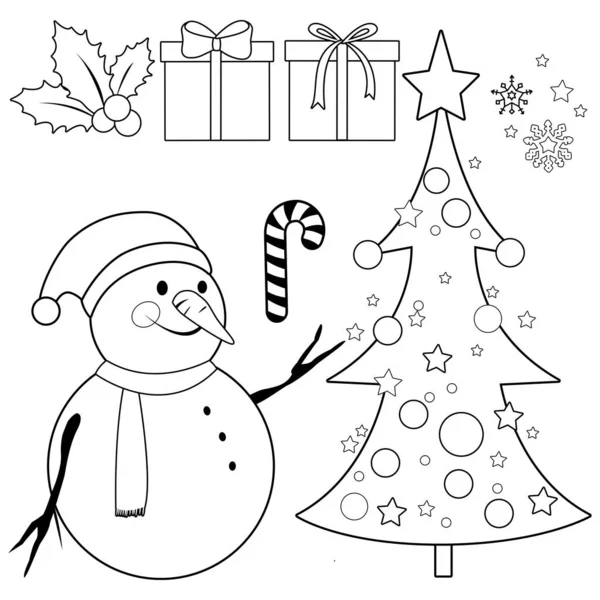 Collezione Natalizia Con Pupazzo Neve Albero Natale Regali Pagina Colorare — Vettoriale Stock