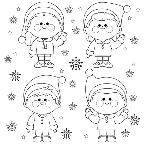 Діти Різдвяних Костюмах Санта Клауса Вектор Чорно Білий Колір Сторінки — стоковий вектор