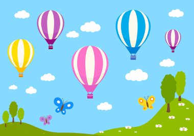 Yeşil tepeler, dağlar ve renkli hava balonları ile güzel doğa arka planı bulutlarla mavi gökyüzünde uçar. Havada gezen çeşitli renklerde mutlu sıcak hava balonları. Vektör illüstrasyonu