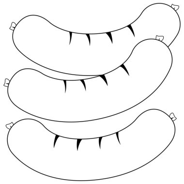 Izgara sosis. Kızarmış sosisli sandviç. Fast food restoranı için barbekü bbq baharatlı et sosisi. Vektör siyah ve beyaz renk sayfası.