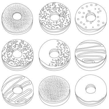 Çeşitli tatlı çöreklerden tatlı tatlılar. Çikolatalı kremalı ve şekerli jöleli çörekler. Vektör siyah ve beyaz renk sayfası.