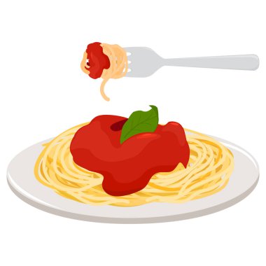 Kırmızı soslu ve çatallı makarna tabağı. Domatesli makarna menüsü, bolonez, kırmızı domates sosu. Fesleğenli ev yapımı makarna. Vektör illüstrasyonu